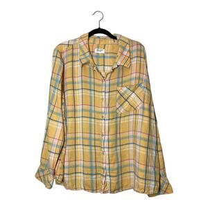 Candace Cameron Bure Yellow Plaid Shirt Linen Blend Button up 1X
